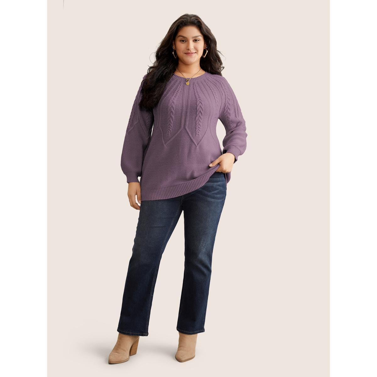 Plus Size Solid Textured Lantern Sleeve Pullover Lilac Women Basics Long Sleeve Round Neck Everyday Pullovers BloomChic 10/M Product Image