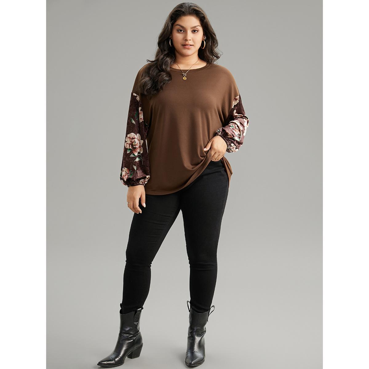 Plus Size Velvet Floral Print Patchwork Contrast Sweatshirt Women DarkBrown Casual Velvet Round Neck Dailywear Sweatshirts BloomChic 26/4X Product Image