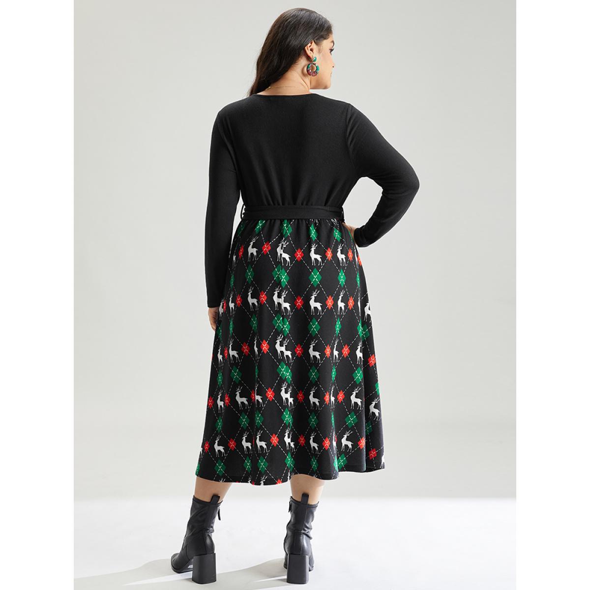Plus Size Christmas Elk Crisscross Belted Pocket Dress Black Women Office Belted V-neck Long Sleeve Curvy Midi Dress BloomChic 30/6X Product Image