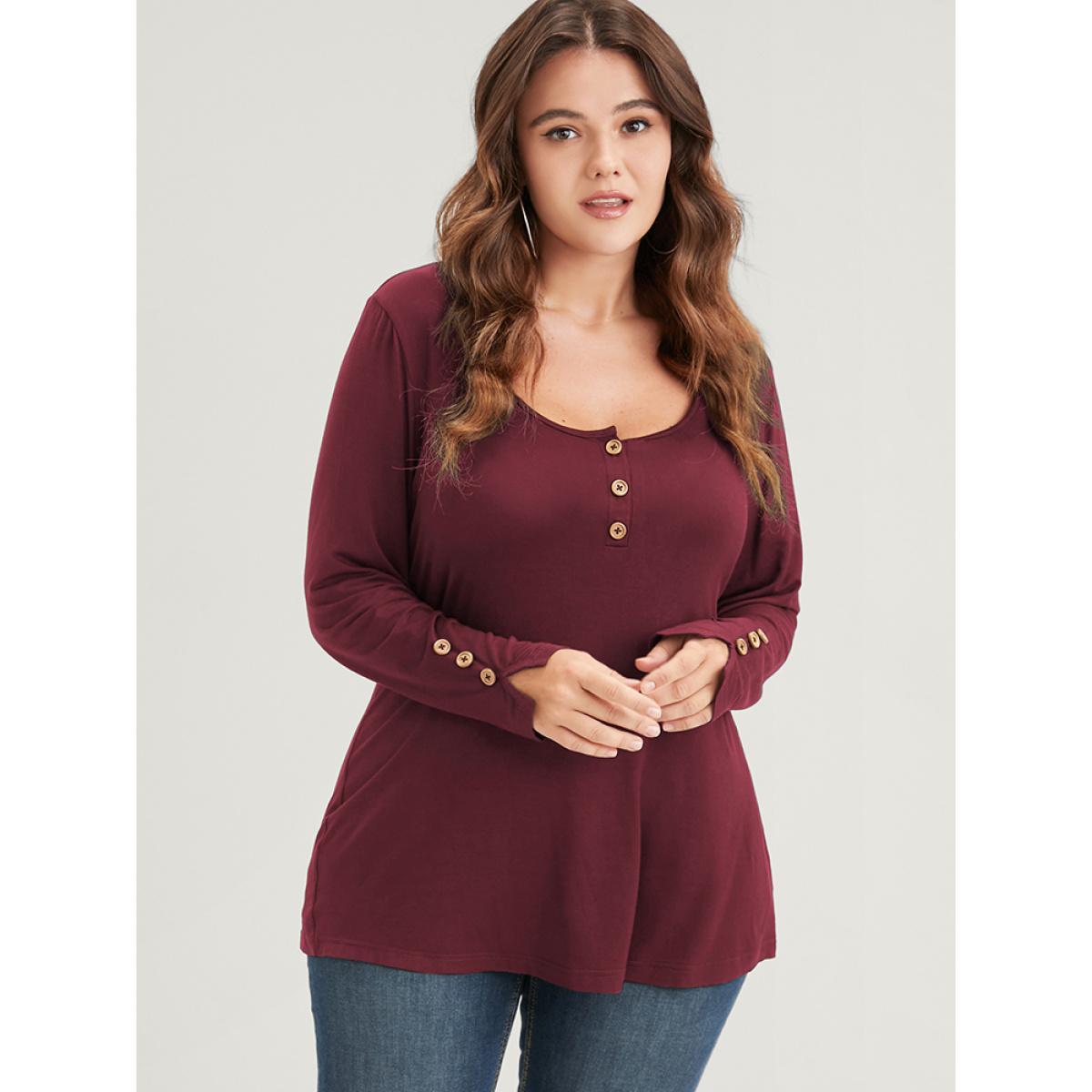Plus Size Plain Button Front Scoop Neck Modal Long Tee Scarlet Women Elegant Button Plain Scoop Neck Bodycon Dailywear T-shirts BloomChic 28/5X Product Image