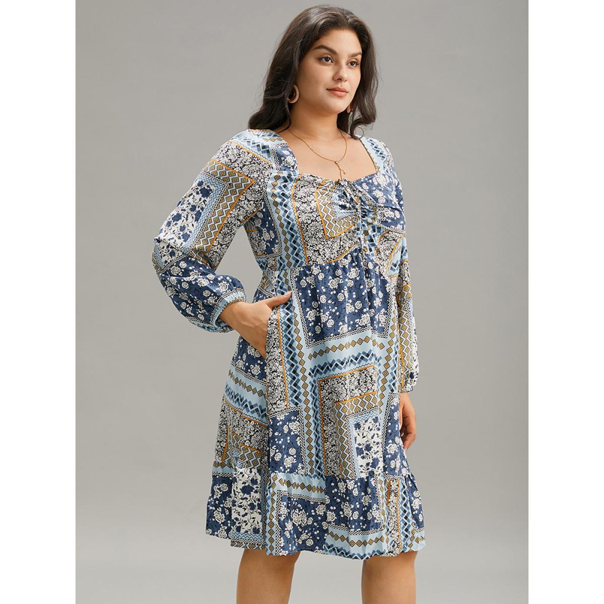 Plus Size Bandana Print Patchwork Ties Pocket Lantern Sleeve Dress Stone Women Vacation Elastic cuffs Square Neck Long Sleeve Curvy Midi Dress BloomChic 14-16/1X Product Image