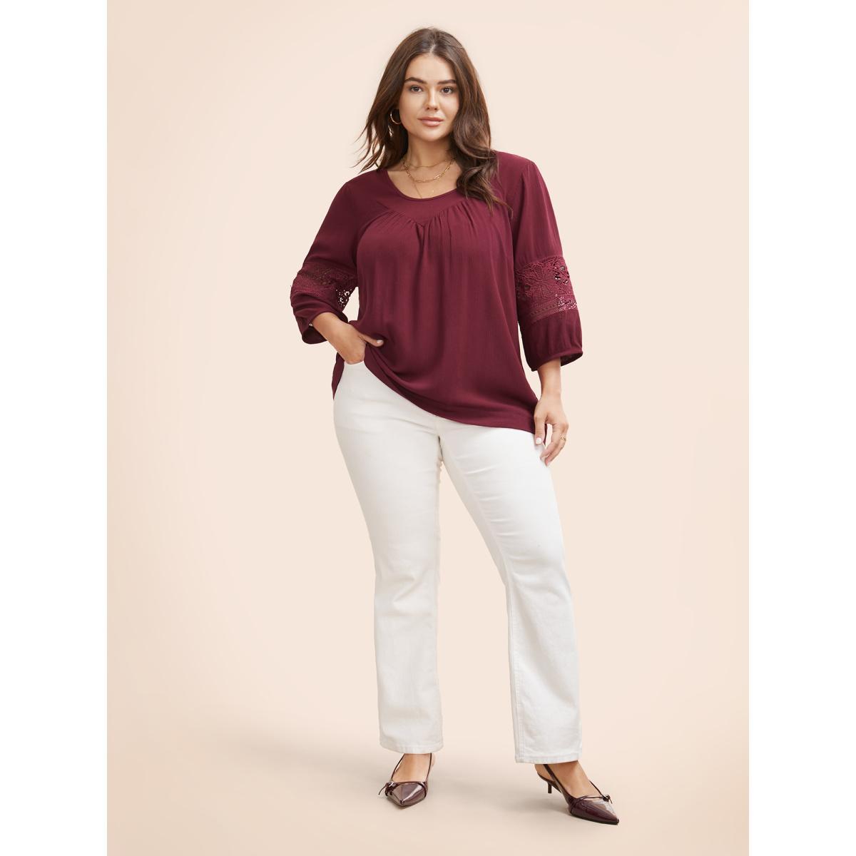 Plus Size Scarlet U Neck Cut Out Lantern Sleeve Blouse Women Elegant Elbow-length sleeve U-neck Everyday Blouses BloomChic 28/5X Product Image