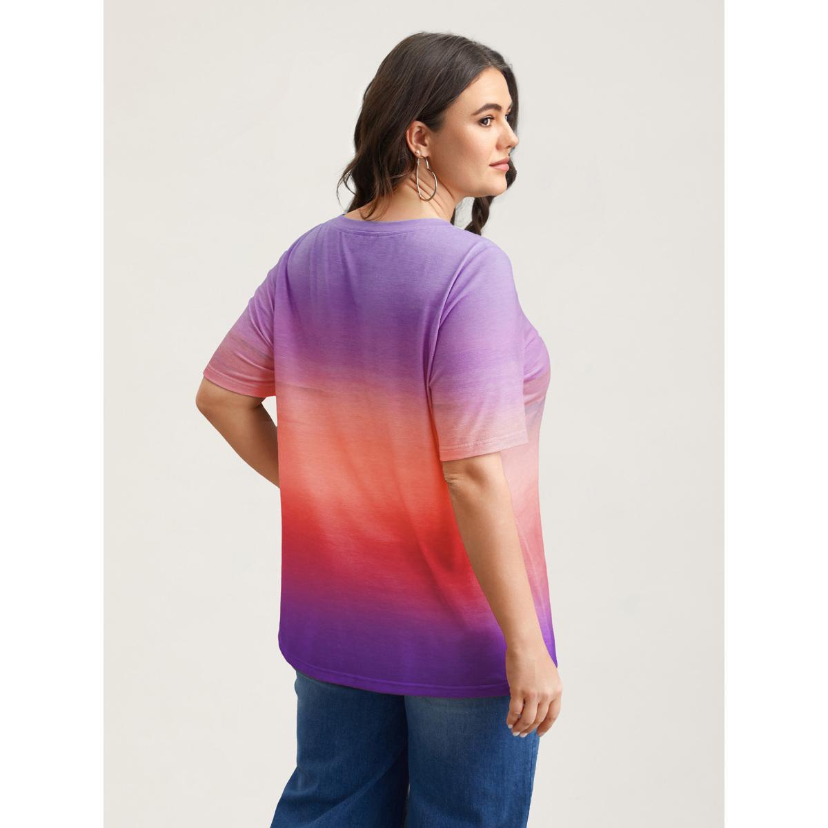 Plus Size Gradient Beach Print Fitted T-Shirt Eggplant Women Casual Contrast Tropical Round Neck Everyday T-shirts BloomChic 14-16/1X Product Image