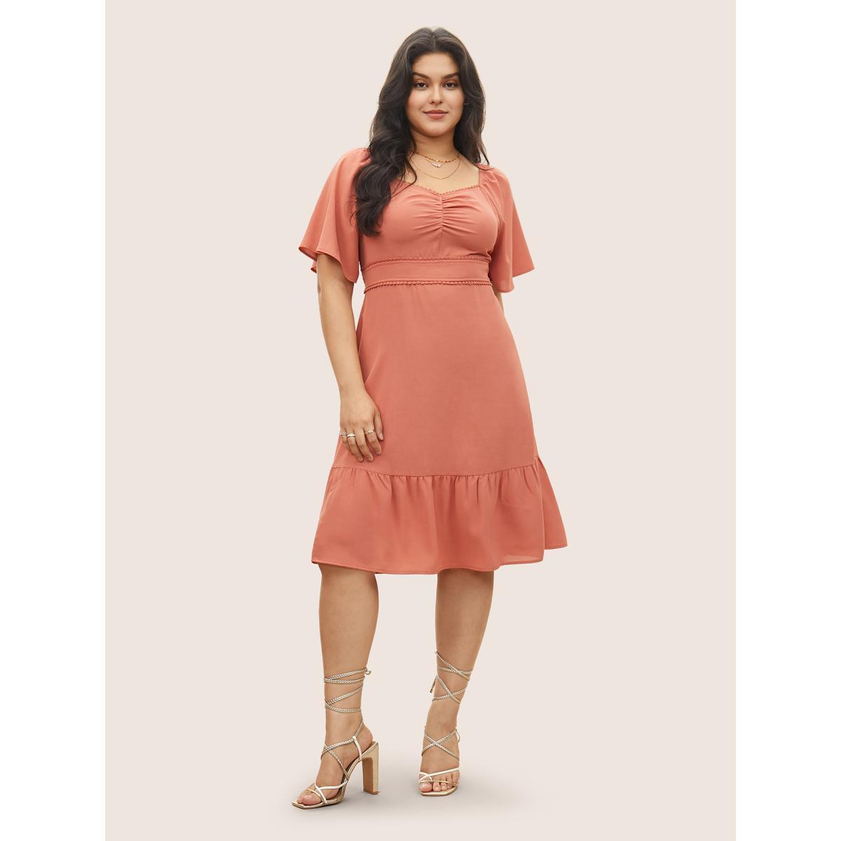 Plus Size Plain Pompom Trim Ruched Patchwork Dress Salmon Women Elegant Non Square Neck Short sleeve Curvy Midi Dress BloomChic 28/5X Product Image
