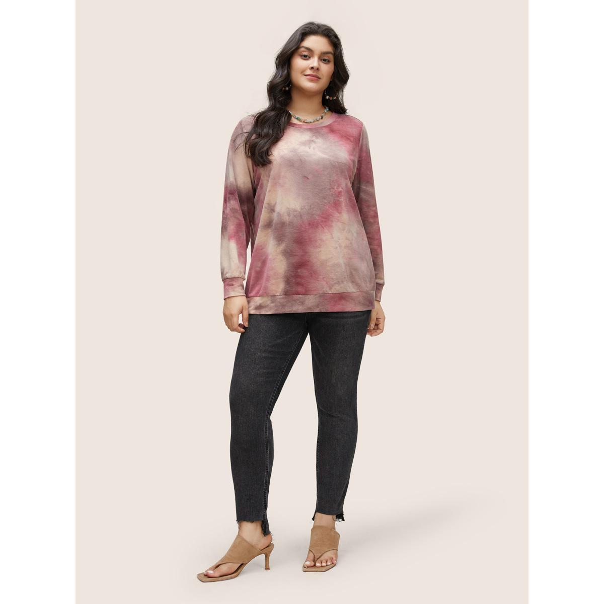 Plus Size Tie Dye Round Neck Sweatshirt Women Burgundy Casual Non Round Neck Everyday Sweatshirts BloomChic 18-20/2X Product Image