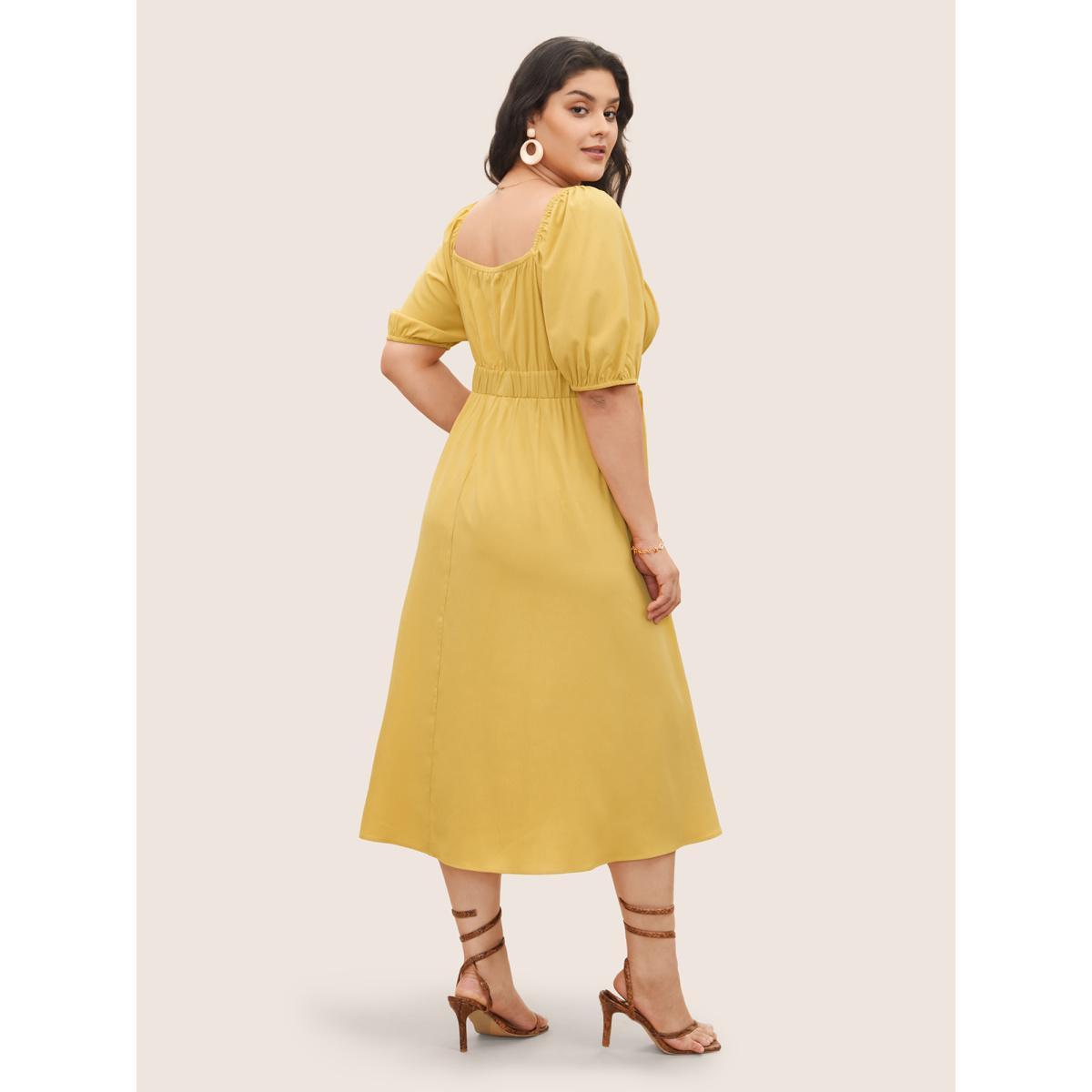 Plus Size Plain Lantern Sleeve Drawstring Square Neck Dress Yellow Women Elegant Non Square Neck Short sleeve Curvy Midi Dress BloomChic 26/4X Product Image