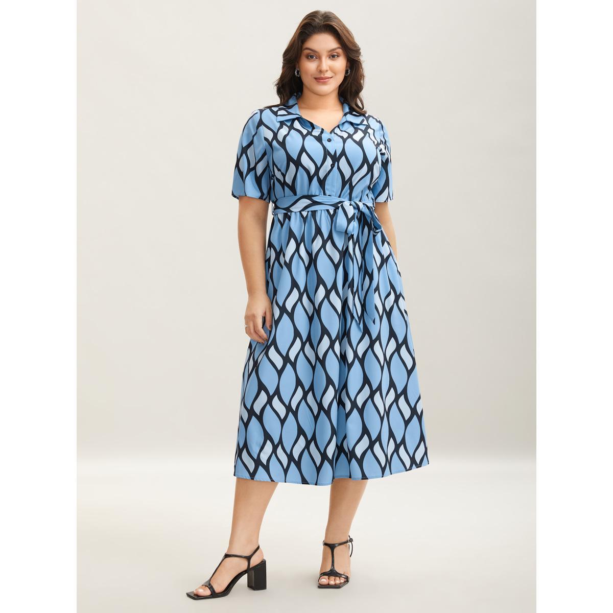 Plus Size Geometric Pattern Stretchy Waist Belted Midi Dress Multicolor Women Non Short sleeve Curvy BloomChic 28/5X Product Image
