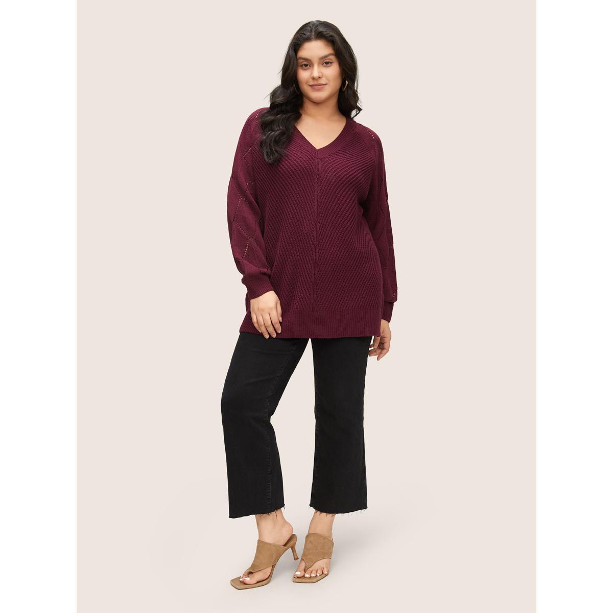 Plus Size Solid Hollow Out Raglan Sleeve Pullover Burgundy Women Casual Loose Long Sleeve V-neck Dailywear Pullovers BloomChic 12/L Product Image
