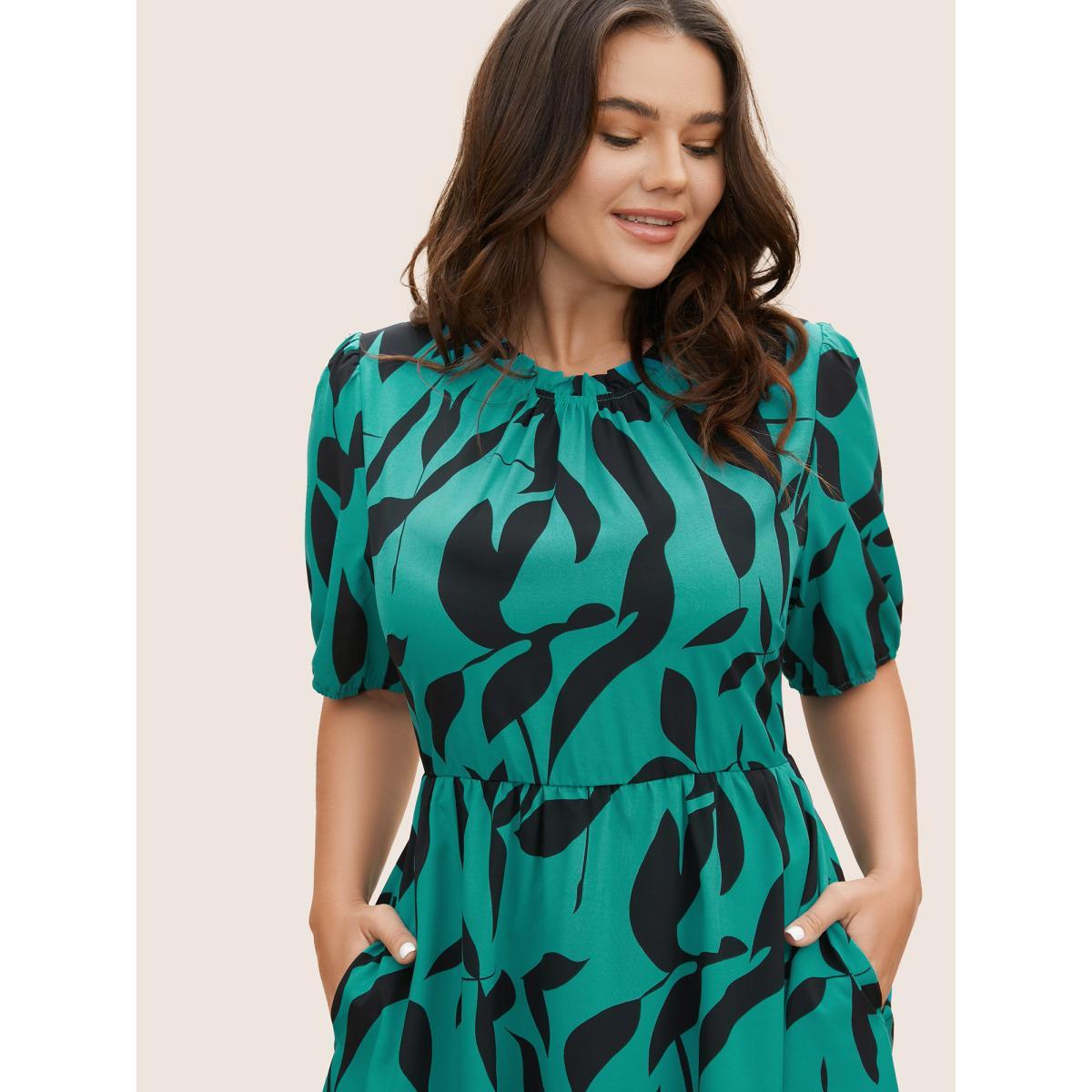 Plus Size Silhouette Floral Print Mock Neck Midi Dress Teal Women Elegant Gathered Mock Neck Short sleeve Curvy BloomChic 30/6X Product Image