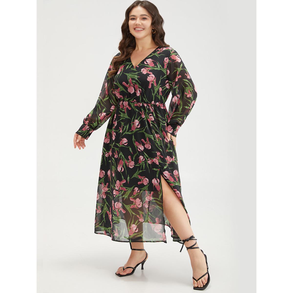 Plus Size Floral Print Chiffon Split Side Elastic Waist Dress Black Women Elegant Printed V-neck Long Sleeve Curvy Midi Dress BloomChic 26/4X Product Image