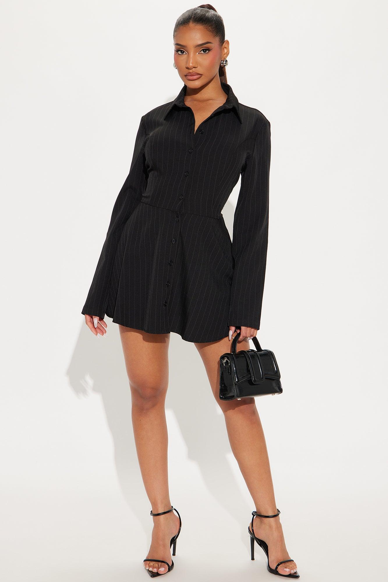 She's Putting In Work Pin Stripe Romper - Black Product Image