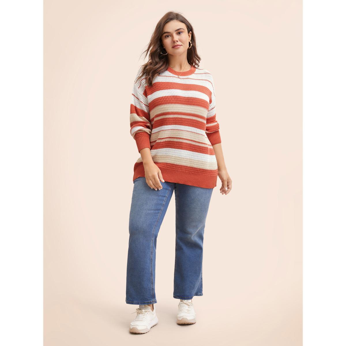 Plus Size Striped Contrast Cut Out Drop Shoulder Pullover Rust Women Casual Long Sleeve Round Neck Everyday Pullovers BloomChic 22-24/3X Product Image