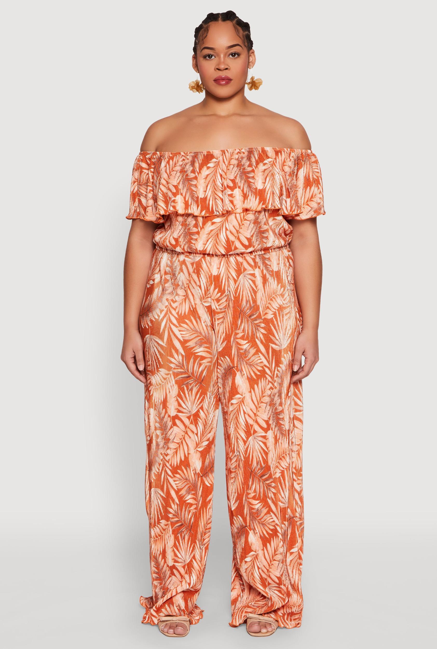 Womens Plus Size Almost Famous Plisse Leaf Print Pants Product Image