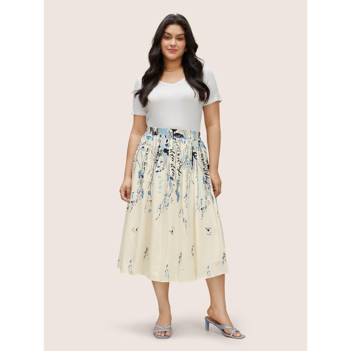 Plus Size Plants Print Wideband Waist Pleated Skirt Women Stone Elegant Non No stretch Slanted pocket Everyday Skirts BloomChic 18-20/2X Product Image