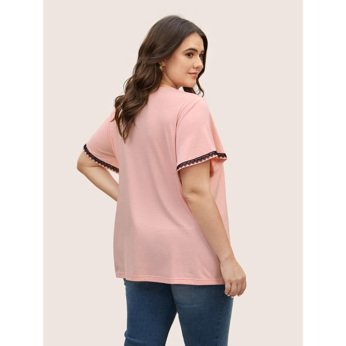Plus Size V Neck Contrast Lace Flutter Sleeve T-shirt Nudepink Women Casual Contrast V-neck Everyday T-shirts BloomChic 22-24/3X Product Image
