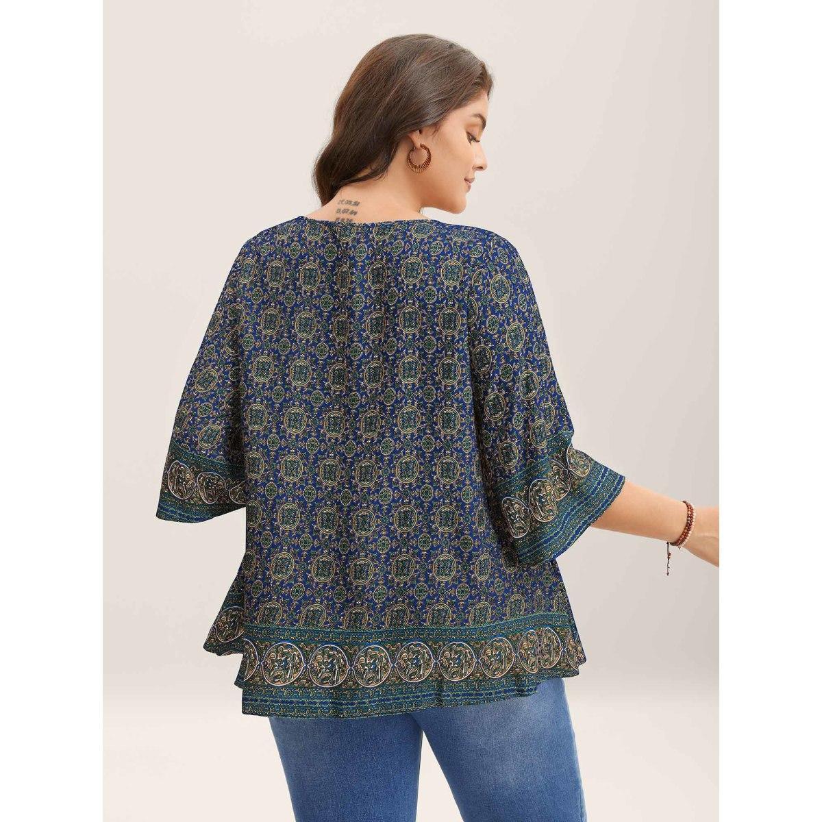Plus Size Black Pin-Tuck Pleat Ornate Print Relaxed Fit Shirt Women Resort Elbow-length sleeve V-neck Vacation Blouses BloomChic 12/L Product Image