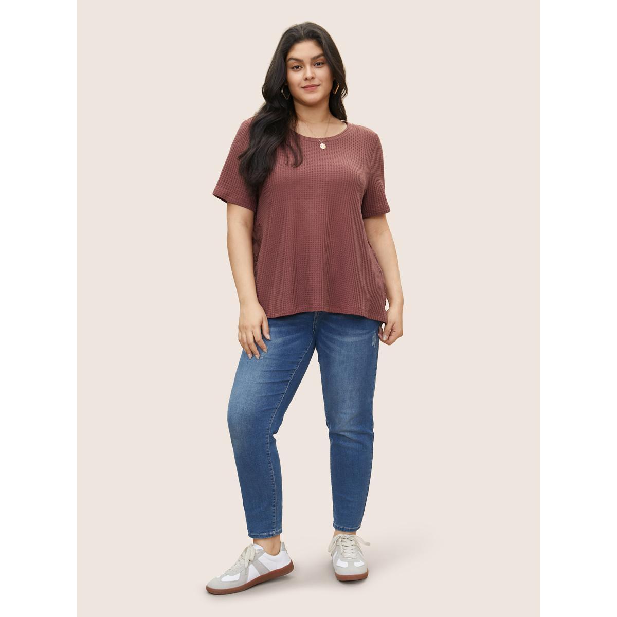 Plus Size Waffle Knit Patchwork Broderie Anglaise T-shirt DustyPink Women Casual Texture Plain Round Neck Everyday T-shirts BloomChic 10/M Product Image