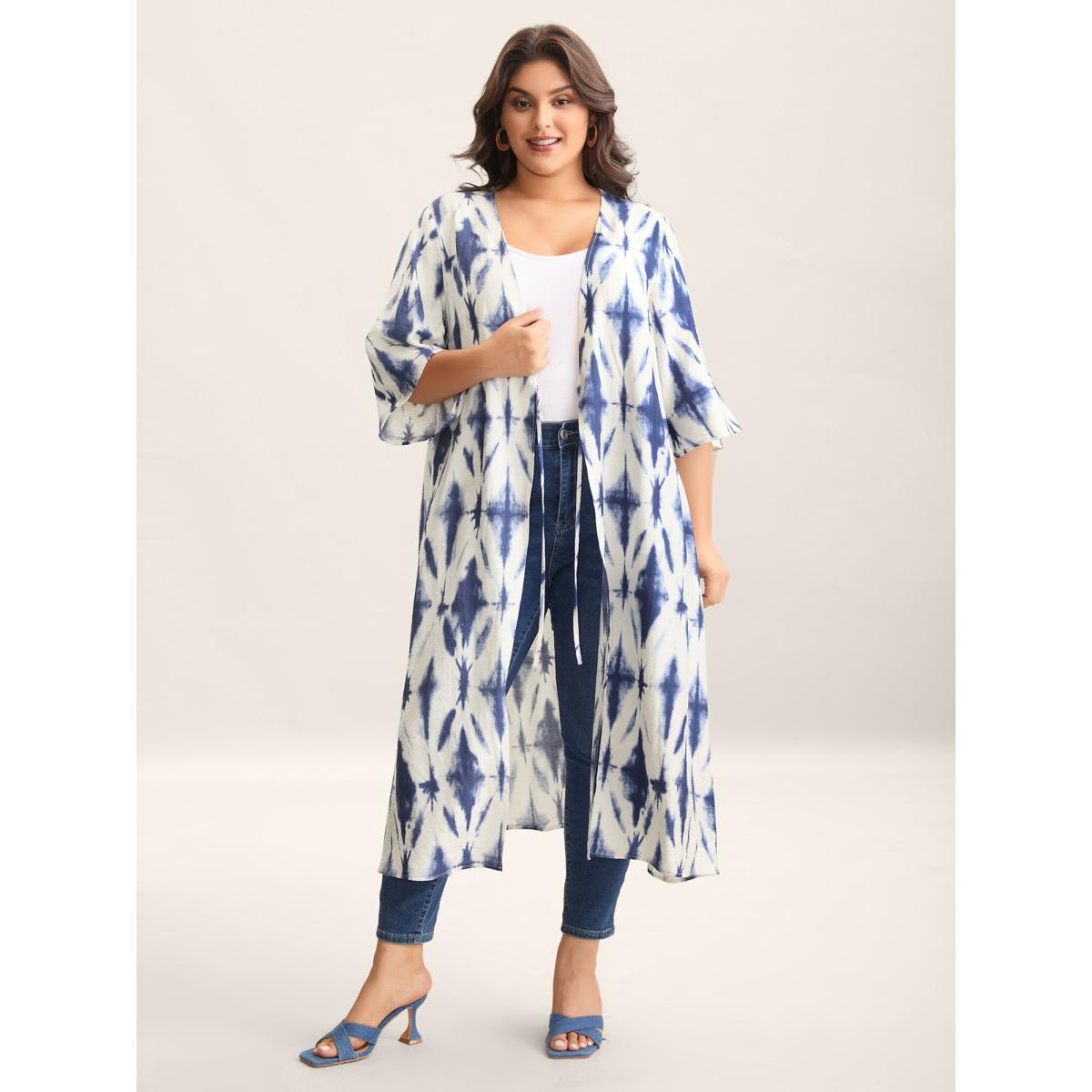 Plus Size Tie Dye Front-Tie Kimono Women Indigo Tie knot Loose Vacation Kimonos BloomChic 18-20/2X Product Image