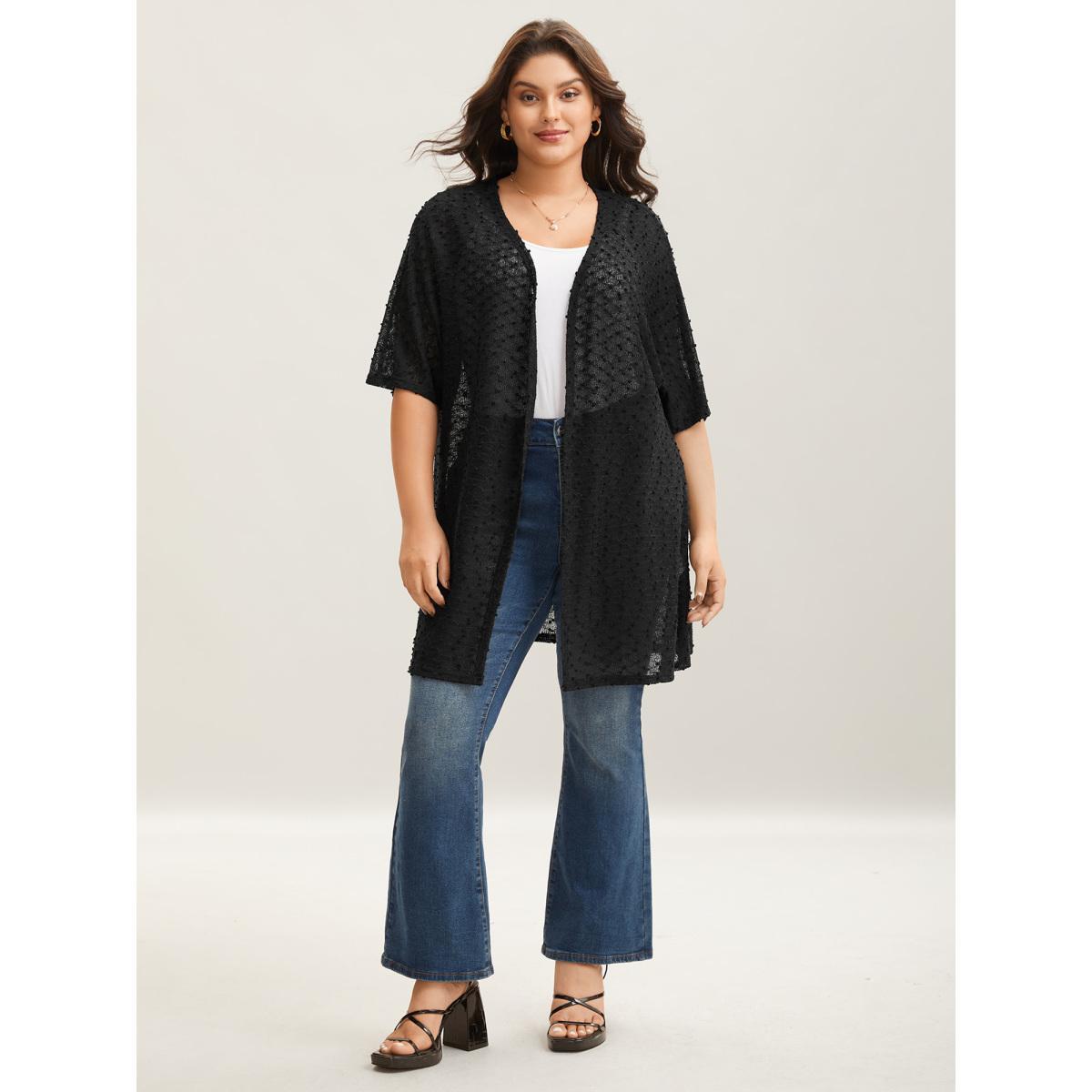 Plus Size Knit Textured Sheer Swim Kimono Cover-Up Women Black Casual Texture Loose Everyday-Casual Kimonos BloomChic 28/5X Product Image