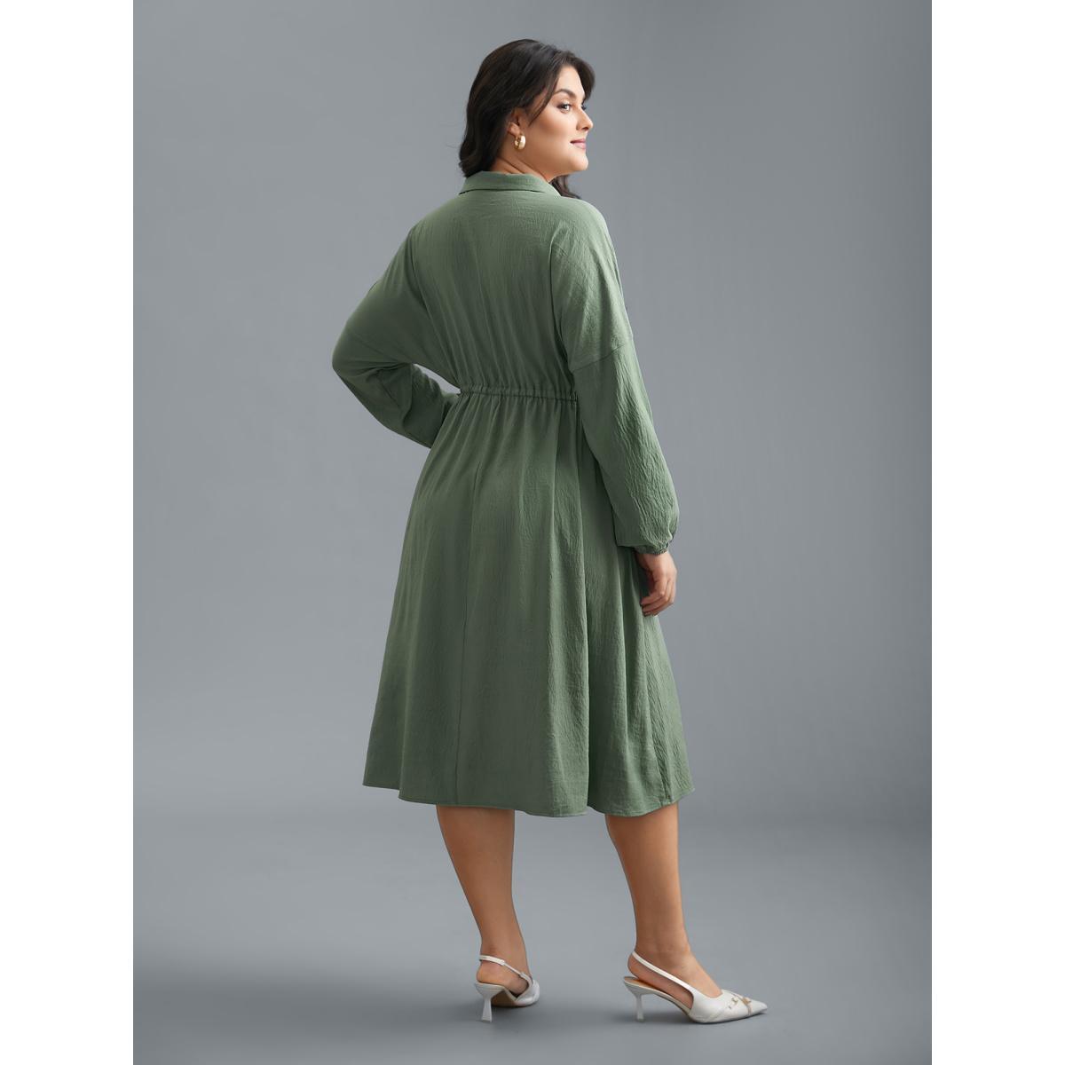 Plus Size Shirt Collar Tie-Waist Drop Dress Moss Women At the Office Tie knot Shirt collar Long Sleeve Curvy BloomChic 12/L Product Image