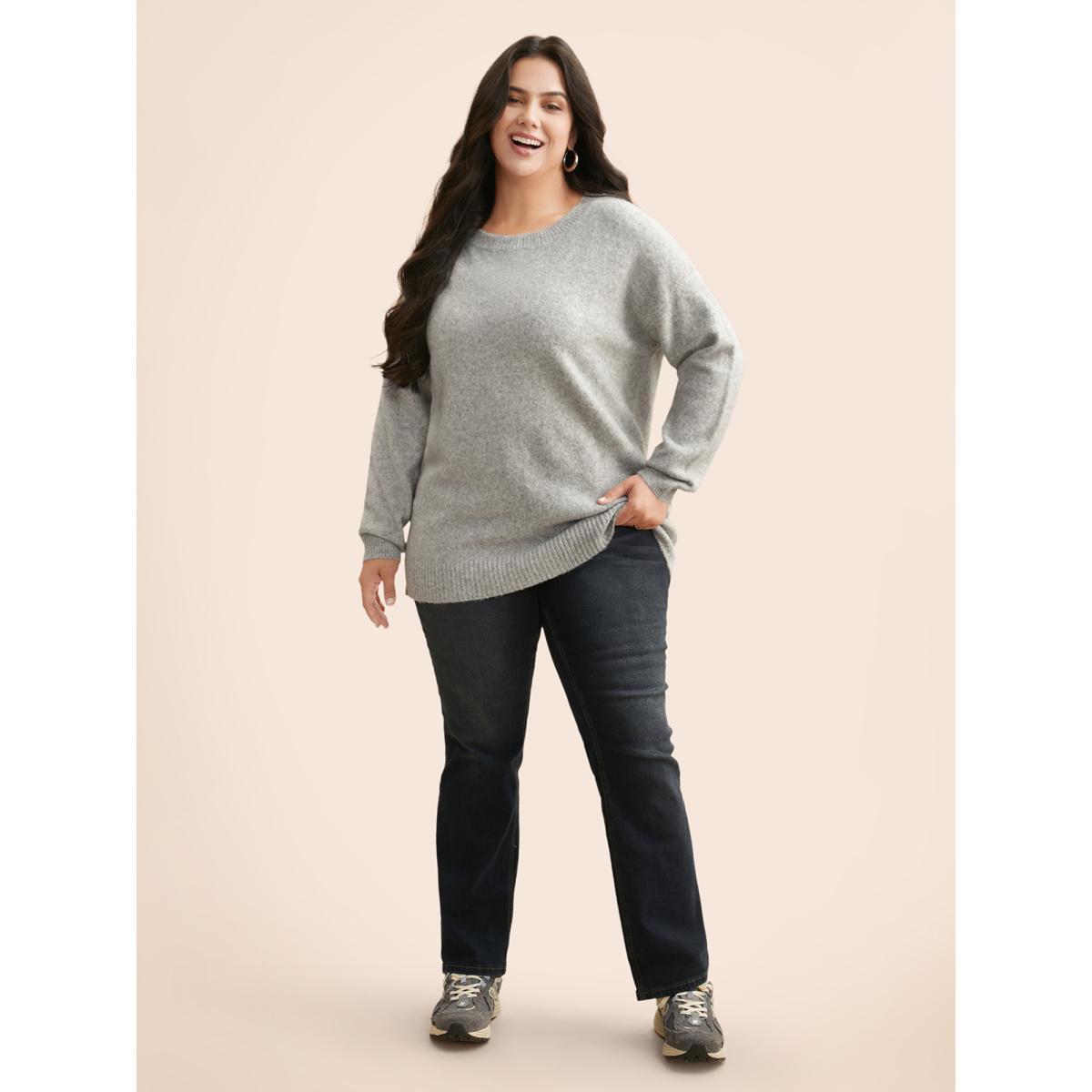 Plus Size Airy Cozy Drop Shoulder Wool Pullover LightGray Women Casual Long Sleeve Round Neck Everyday Pullovers BloomChic 10/M Product Image