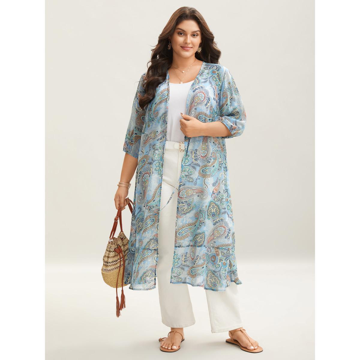 Plus Size Paisley Print Sheer Tied Kimono Cardigan Women LightBlue Resort Tie knot Vacation Kimonos BloomChic 30/6X Product Image