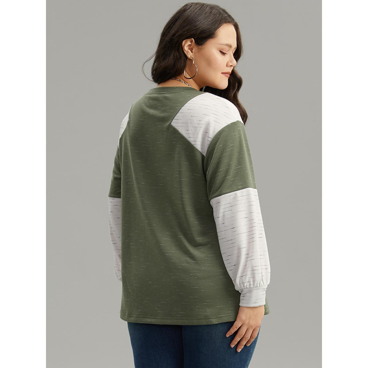 Plus Size Colorblock Patchwork Raglan Sleeve Sweatshirt Women ArmyGreen Casual Contrast Round Neck Everyday Sweatshirts BloomChic 10/M Product Image