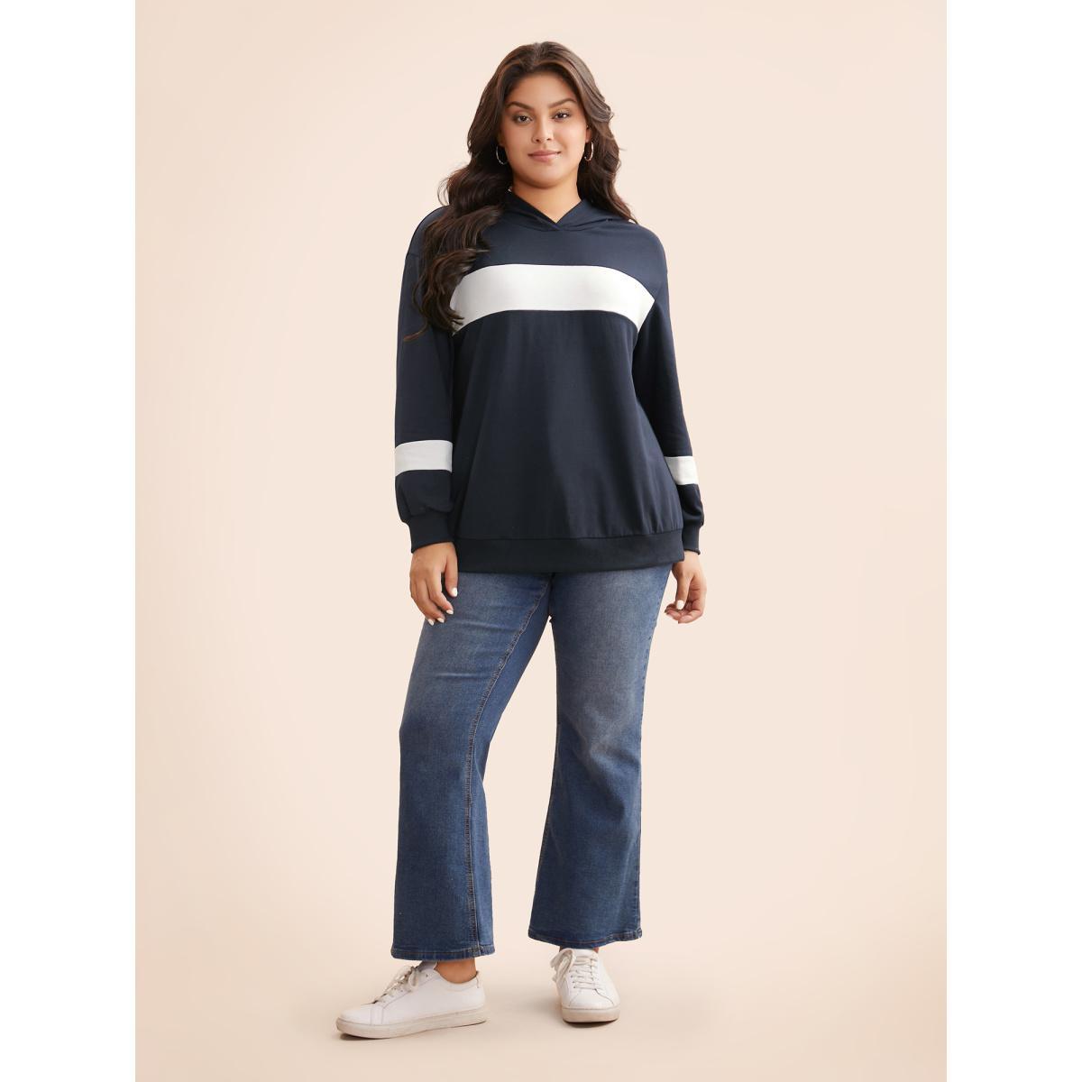 Plus Size Contrast Patchwork Hooded Sweatshirt Women Midnight Casual Contrast Hooded Everyday Sweatshirts BloomChic 14-16/1X Product Image