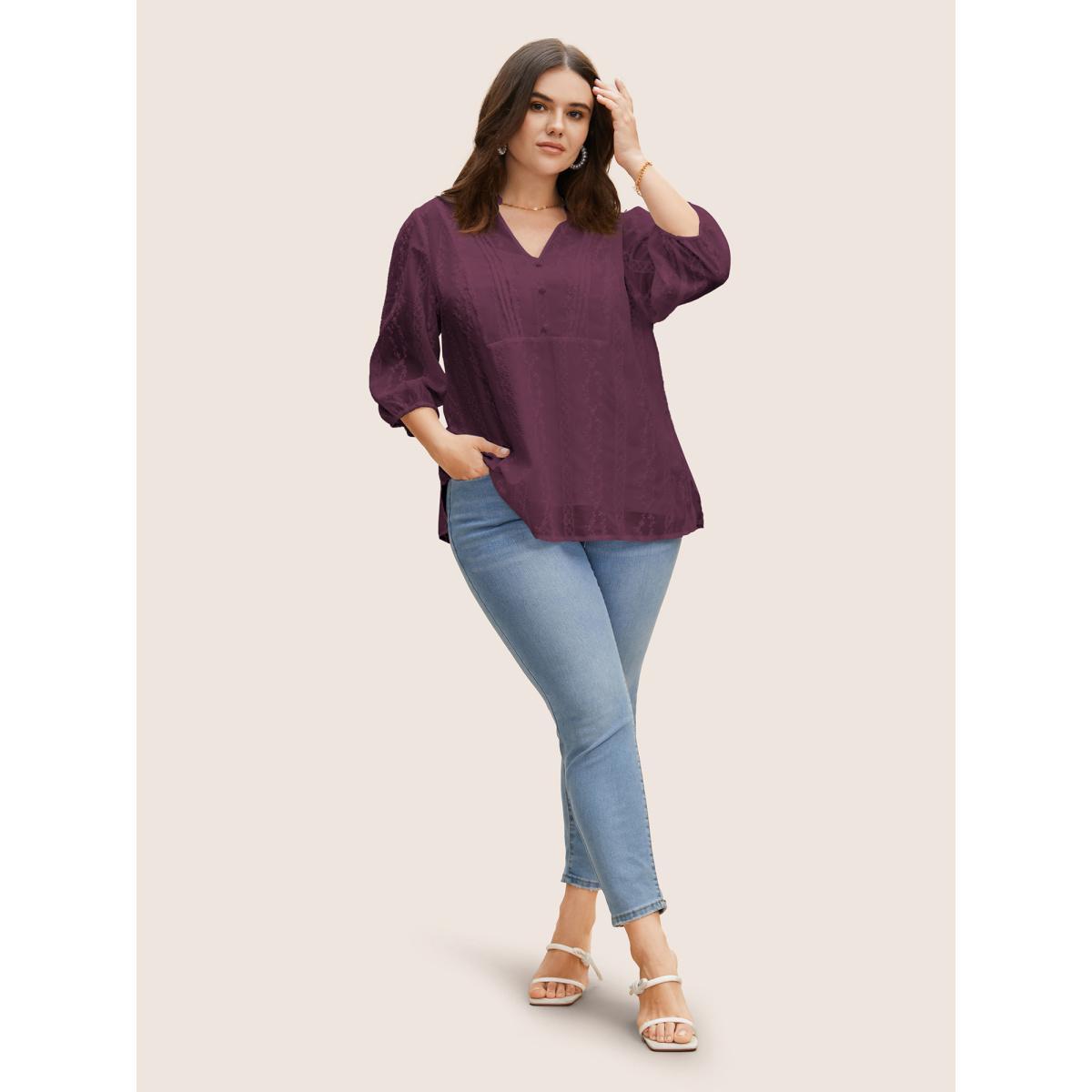 Plus Size Deeppurplered Texture Mesh Button Detail Tucked Seam Blouse Women Elegant Elbow-length sleeve V-neck Everyday Blouses BloomChic 12/L Product Image