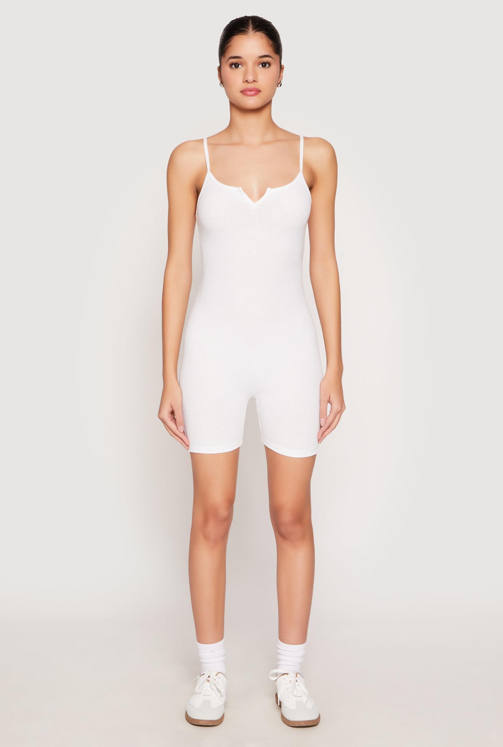 Womens Ribbed Knit Notch Neck Cami Romper Product Image