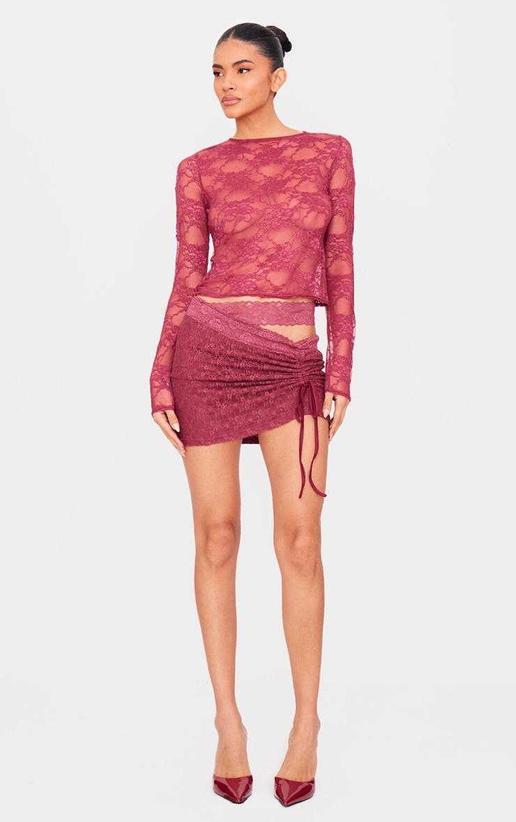 Burgundy Lace Ruched Detail Mini Skirt Product Image