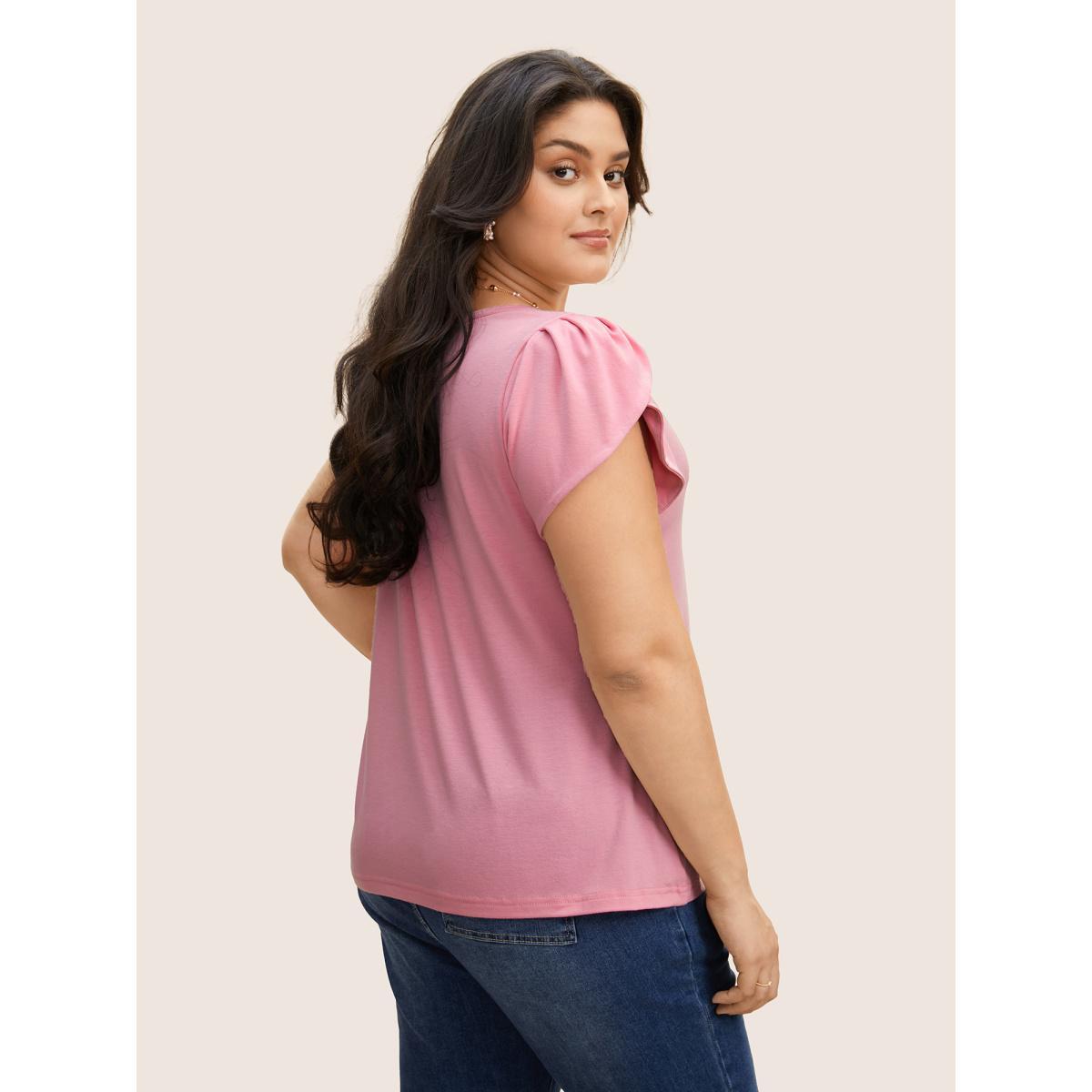 Plus Size Medium stretch Petal Sleeve Button Up T-shirt Watermelon Women Elegant Button V-neck Bodycon Everyday T-shirts BloomChic 18-20/2X Product Image