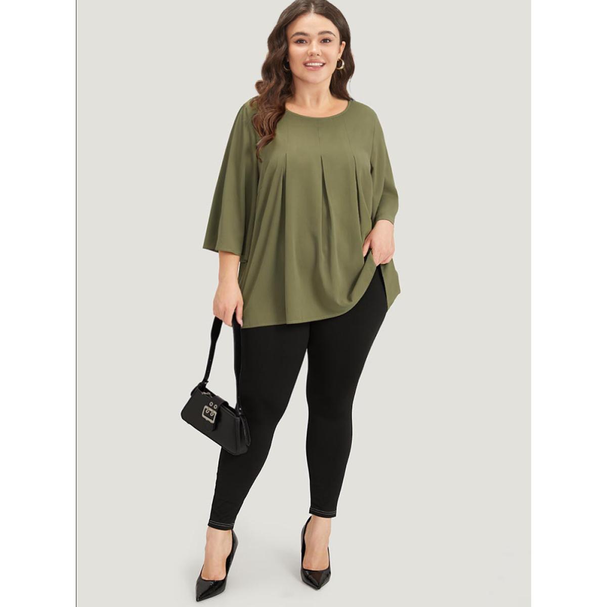 Plus Size ArmyGreen Plain Pleated Detail Bell Sleeve Blouse Women Office Elbow-length sleeve Round Neck Work Blouses BloomChic 22-24/3X Product Image