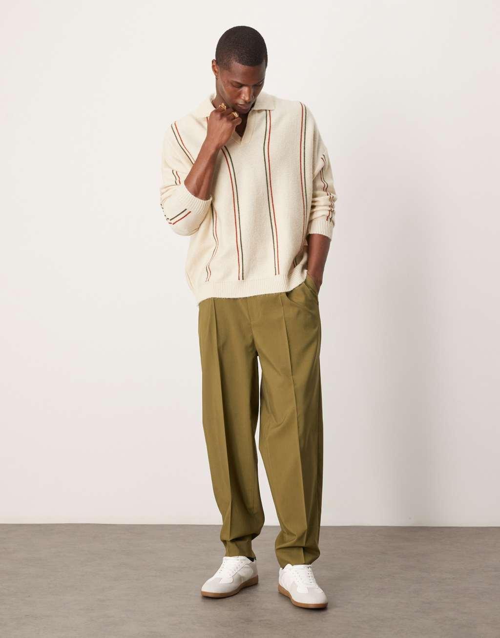 ASOS DESIGN oversized boxy notch neck striped polo in stone Product Image