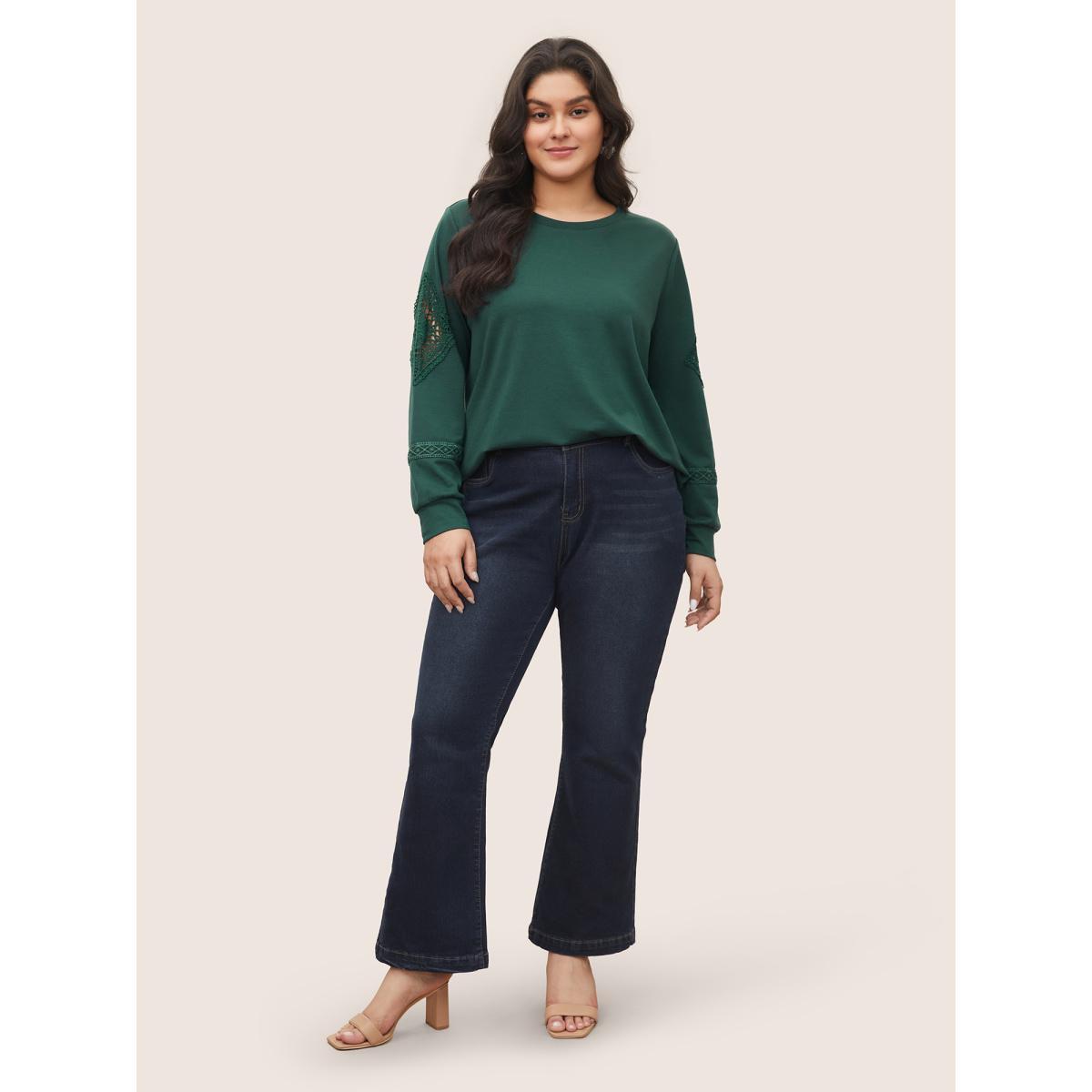 Plus Size Plain Guipure Lace Eyelet Sweatshirt Women DarkGreen Casual Cut-Out Round Neck Everyday Sweatshirts BloomChic 22-24/3X Product Image