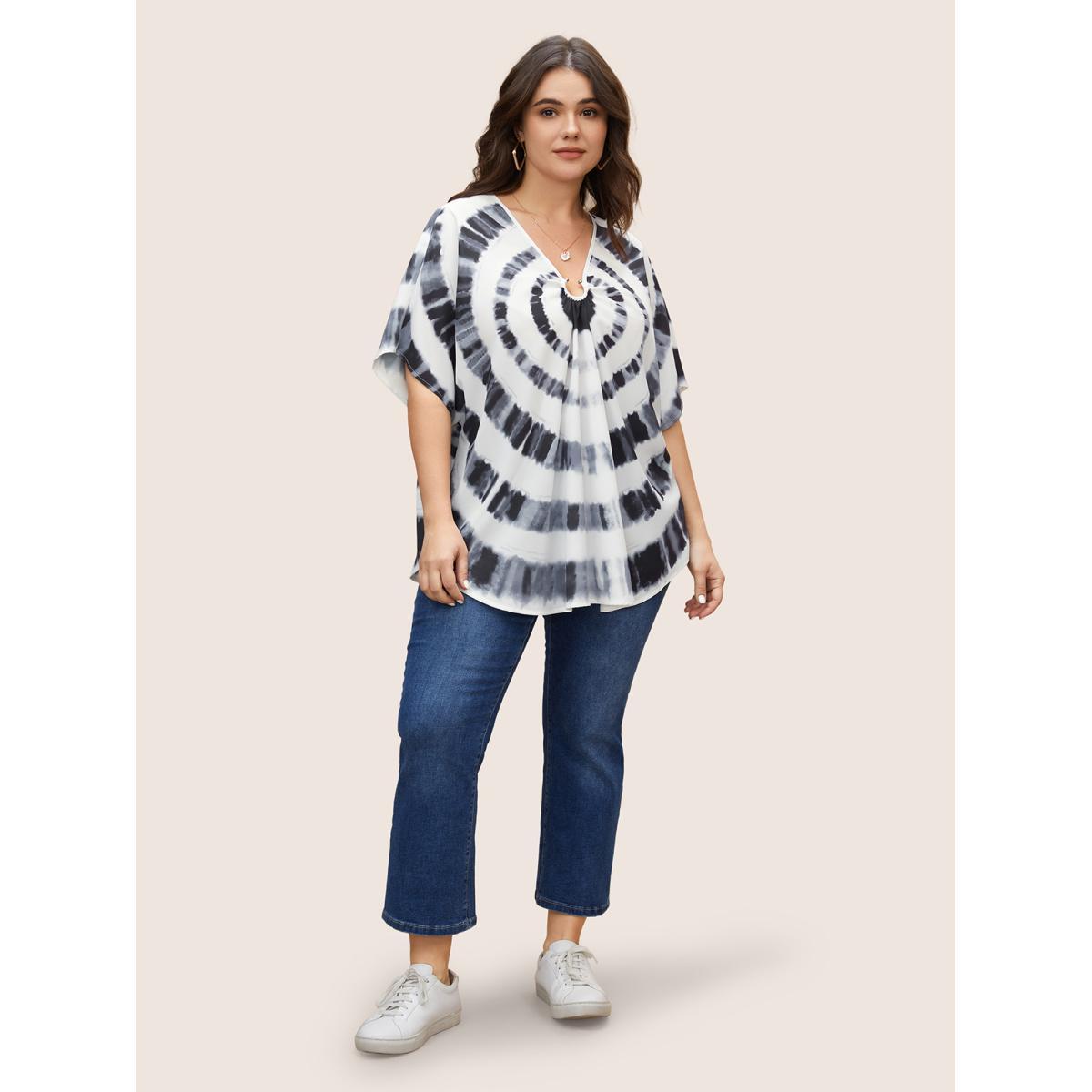 Plus Size Black Tie Dye Metal Detail Batwing Sleeve Blouse Women Casual Half Sleeve V-neck Everyday Blouses BloomChic 14-16/1X Product Image