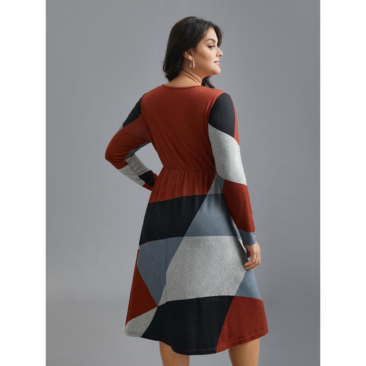 Plus Size Round Neck Geometric Colorblock Contrast Dress Multicolor Women Casual Contrast Knit Dresses Bloomchic 18-20/2X Product Image