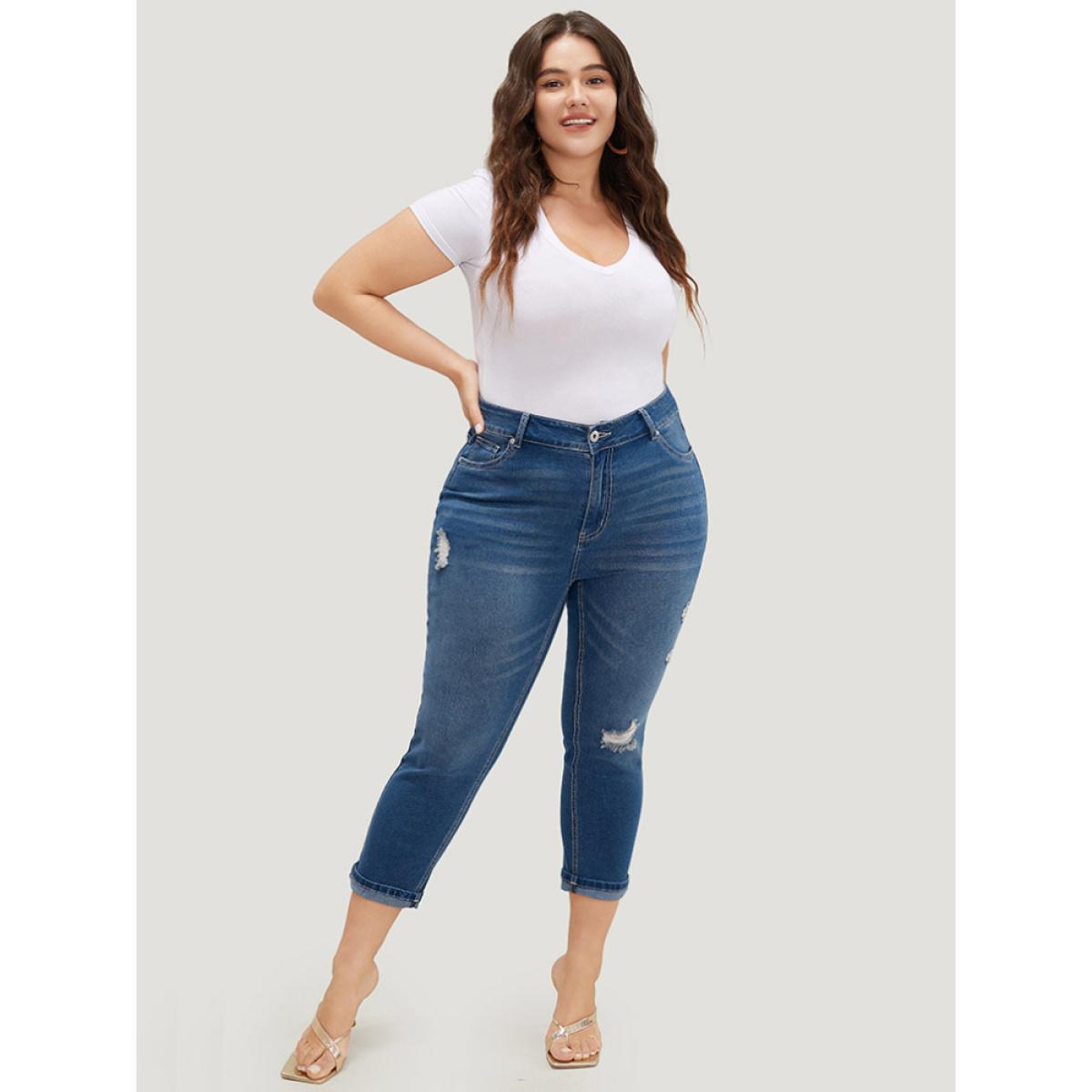 Plus Size Very Stretchy High Rise Dark Wash Ripped Detail Cropped Jeans Women Blue Casual Plain High stretch Jeans BloomChic 14/1X Product Image