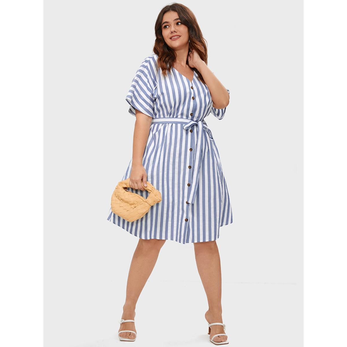 Plus Size Striped V Neck Button Belted Knee Dress Blue Women Office Gathered V-neck Short sleeve Curvy BloomChic 14-16/1X Product Image
