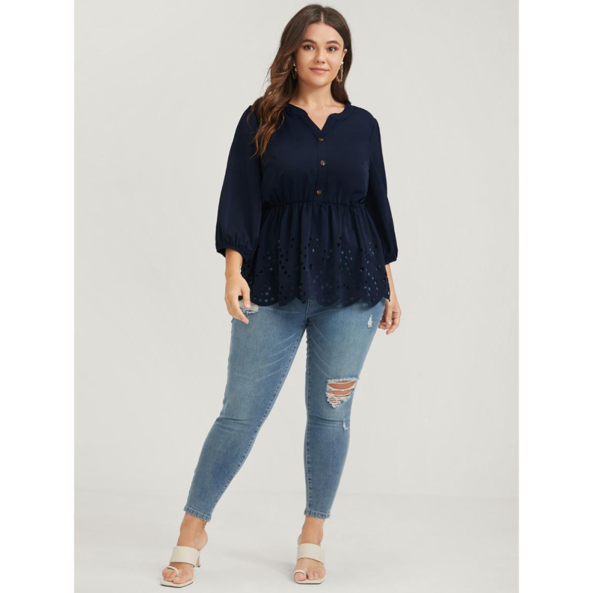 Plus Size DarkBlue Solid Cut Out Ruffles Button Lantern Sleeve Blouse Women Office Elbow-length sleeve V-neck Work Blouses BloomChic 28/5X Product Image