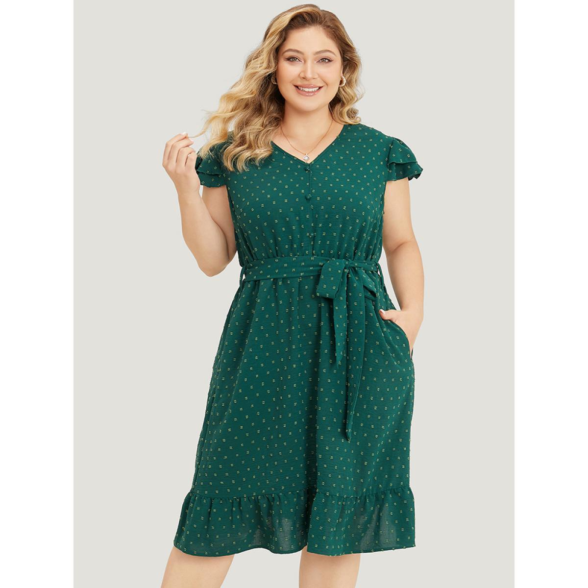 Plus Size Polka Dot Layered Sleeve Pocket Button Up Belted Flutter Dress Green Women Elegant Button V-neck Cap Sleeve Curvy Knee Dress BloomChic 10/M Product Image