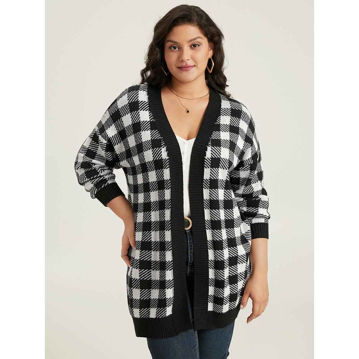 Plus Size Supersoft Essentials Plaid Elastic Cuffs Cardigan Black Women Casual Loose Long Sleeve Dailywear Cardigans BloomChic 30/6X Product Image