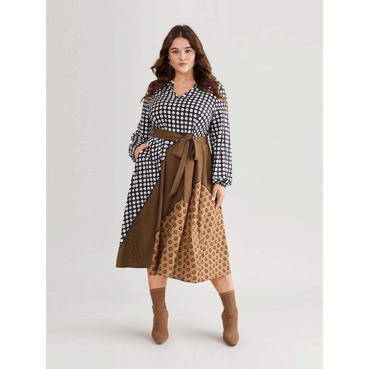 Plus Size Polka Dot Patchwork Colorblock Belted Notched Dress Multicolor Women At the Office Elastic cuffs Notched collar Long Sleeve Curvy Midi Dress BloomChic 10/M Product Image