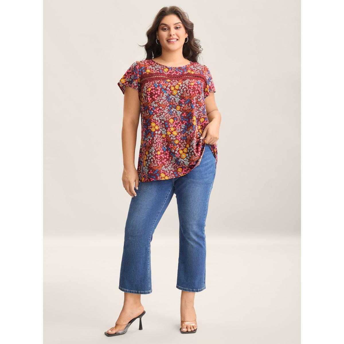 Plus Size Burgundy Multi-Color Floral Print Lace Spliced Blouse Women Elegant Cap Sleeve Round Neck Everyday Blouses BloomChic 12/L Product Image