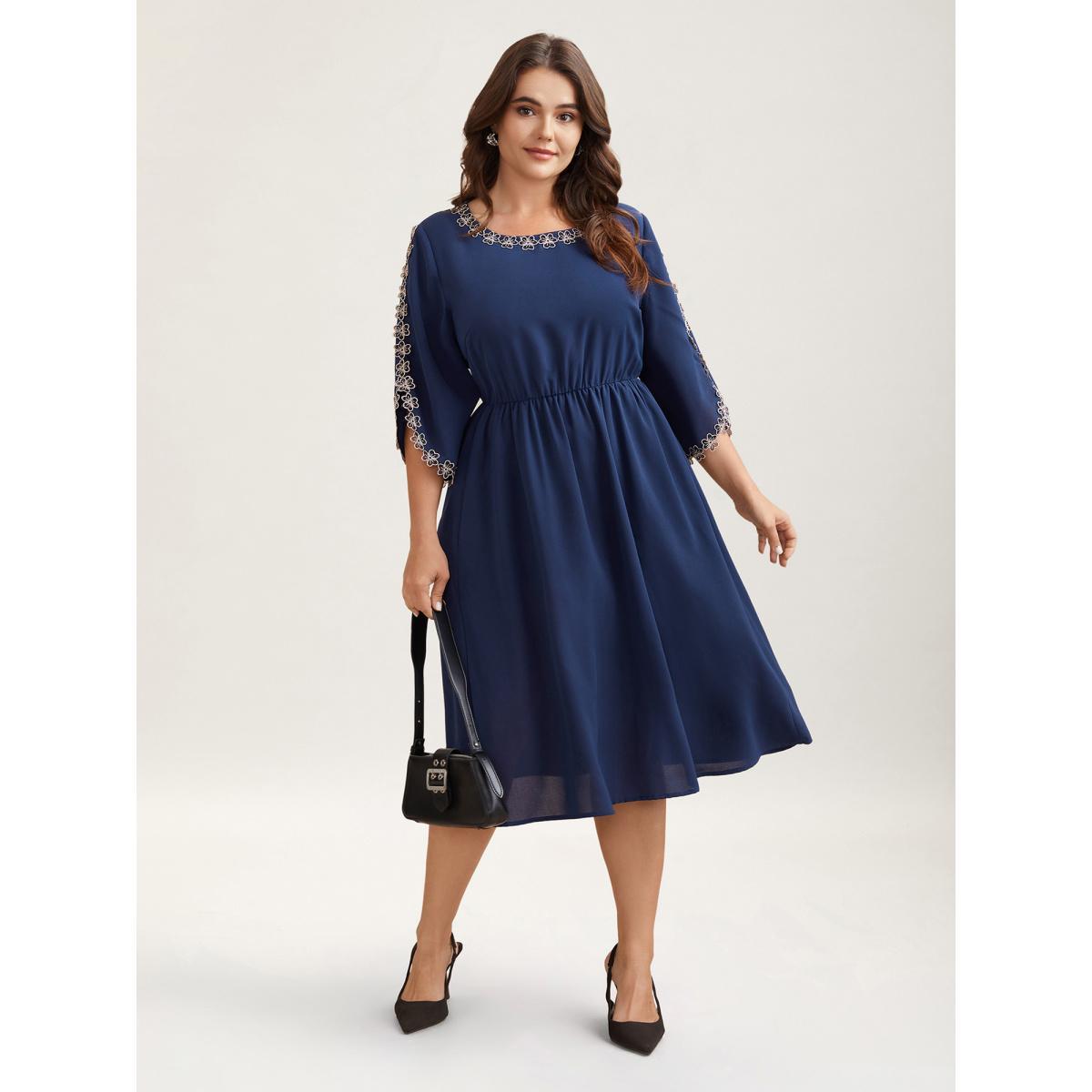 Plus Size Lace Detail Trumpet Sleeve Midi Dress DarkBlue Women At the Office Overlapping Boat Neck Elbow-length sleeve Curvy BloomChic 18-20/2X Product Image