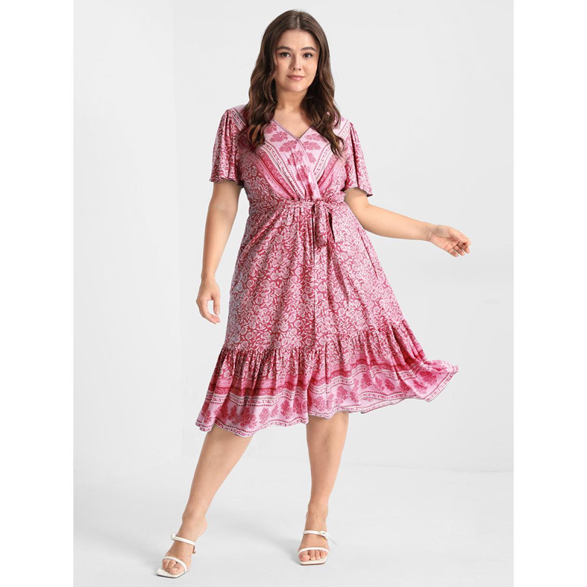 Plus Size Ditsy Floral Ruffled Knotted Wrap Dress Pink Women Elegant Ruffles V-neck Short sleeve Curvy Knee Dress BloomChic 18-20/2X Product Image