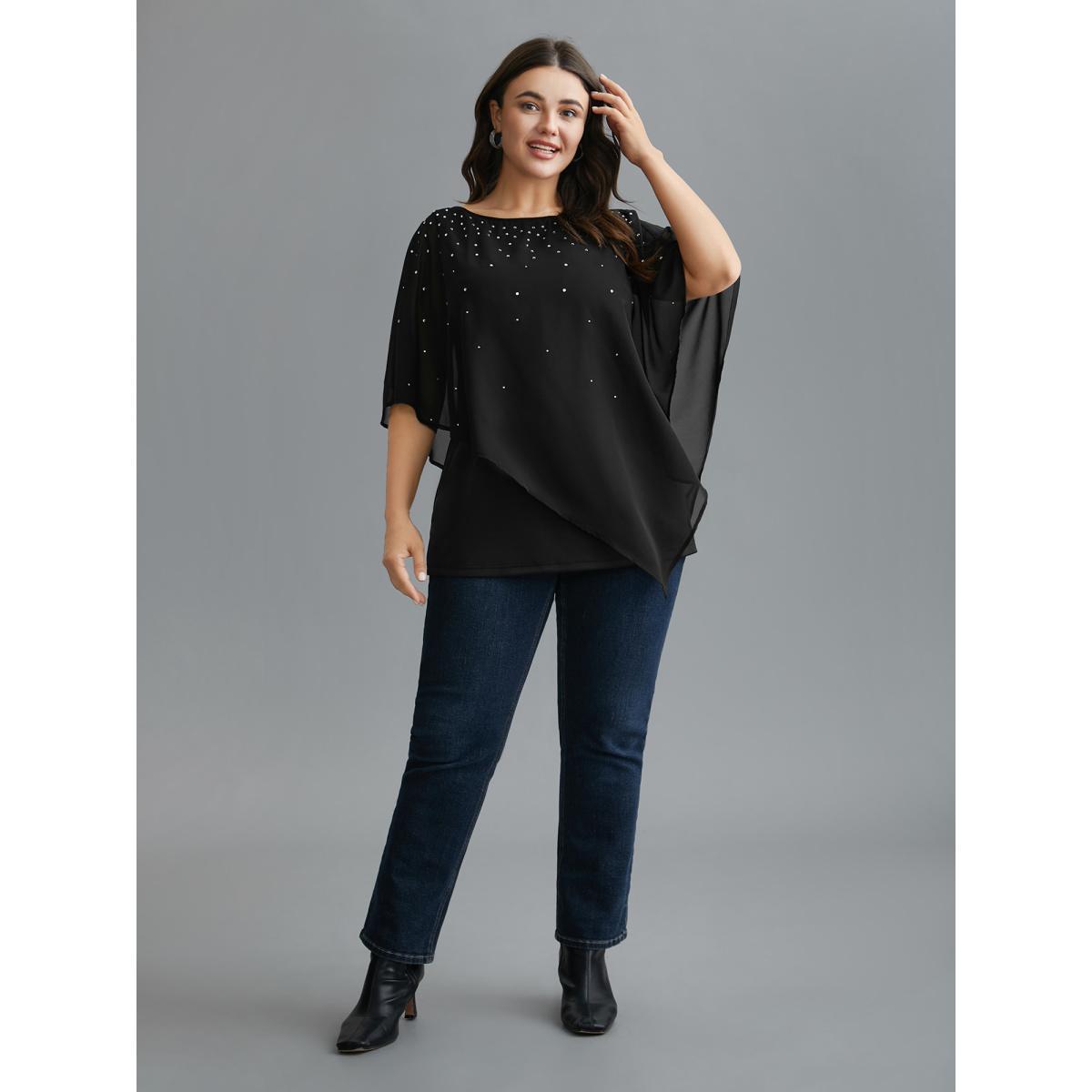 Plus Size Black Rhinestone Asymmetrical Hem Ruffle Sleeve Blouse Women Cocktail Half Sleeve Boat Neck Party Blouses BloomChic 14-16/1X Product Image