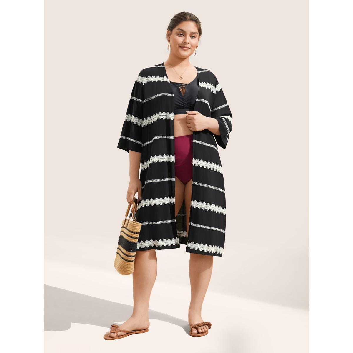 Plus Size Striped Embroidered Patchwork Kimono Women Black Resort Contrast Vacation Kimonos BloomChic 18-20/2X Product Image