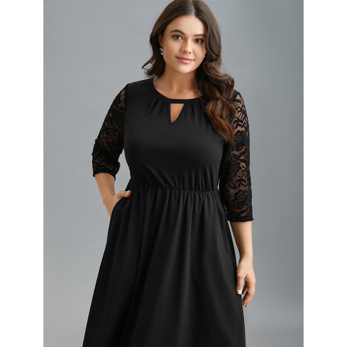 Plus Size Neck Cut-Out Lace Stretchy-Waist Midi Dress Black Women At the Office Texture Knit Dresses Bloomchic 12/L Product Image