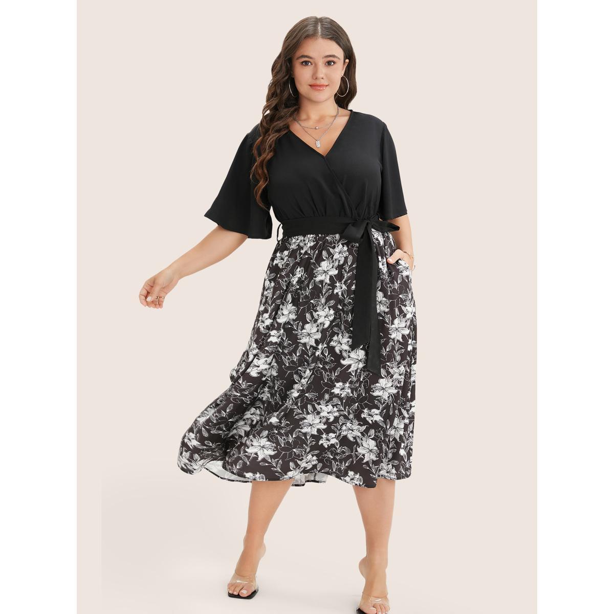 Plus Size Floral Patchwork Pocket Belt Surplice Neck Ruffle Hem Dress Black Women Elegant Patchwork V-neck Short sleeve Curvy Midi Dress BloomChic 22-24/3X Product Image